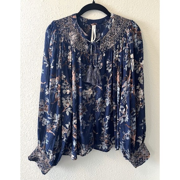 Tops - By Anthropologie Women's Blouse Size Large Long Sleeve Blue Floral Smocked Boho